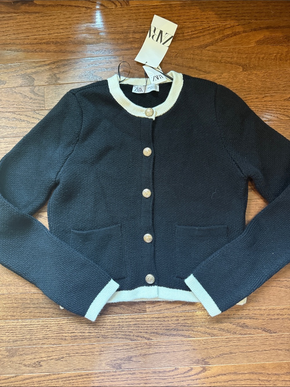 Zara size medium (runs small) Black Cardigan lady jacket Cream / Gold Buttons.